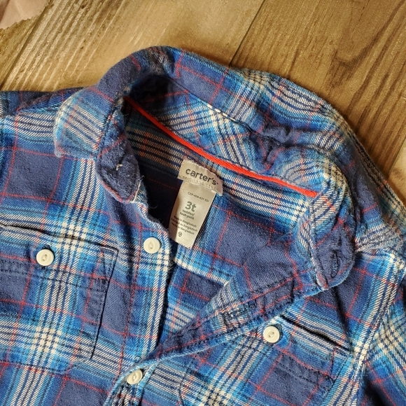 Carter's Blue Red White Plaid Flannel Button Down Shirt Toddler Boy Size 3T EUC - Picture 7 of 14